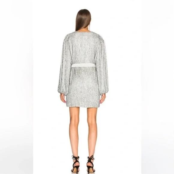 Retrofête Gabrielle Silver Sequin Wrap Mini Dress Kimono Sleeve Belted Medium - Picture 2 of 10